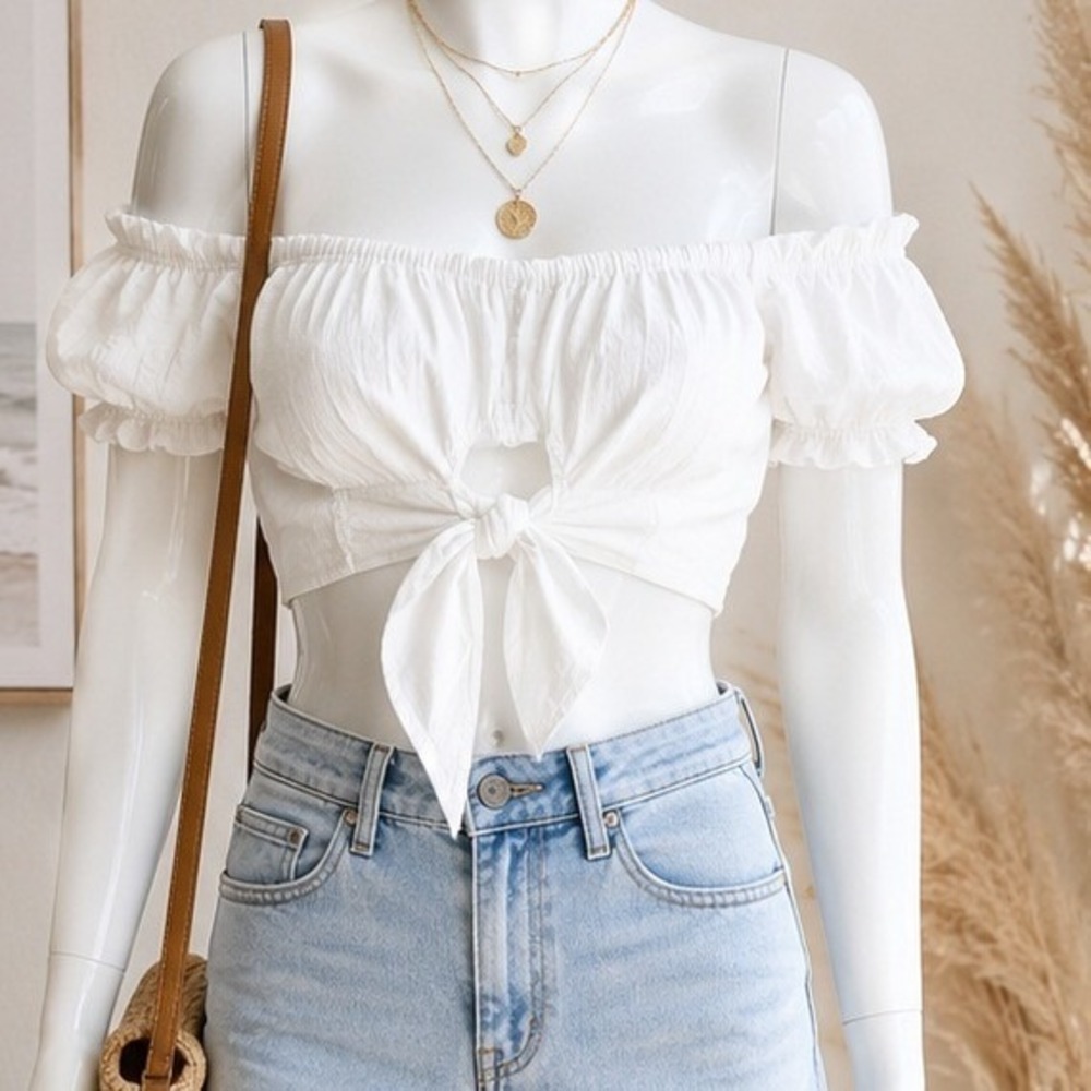 Blanco By Nature Womens Crop Top White Cotton Tie Back Puff Sleeve S